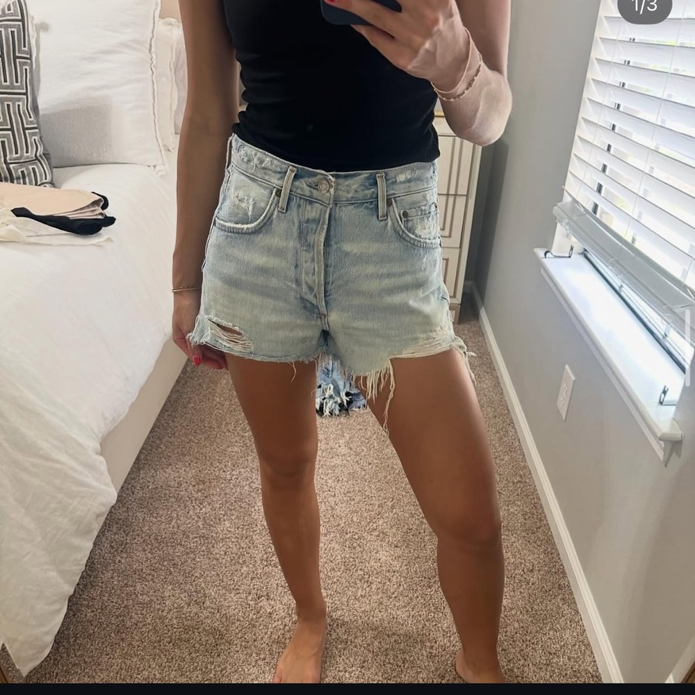 Agolde Blue Jean Shorts Distressed Frayed Hem